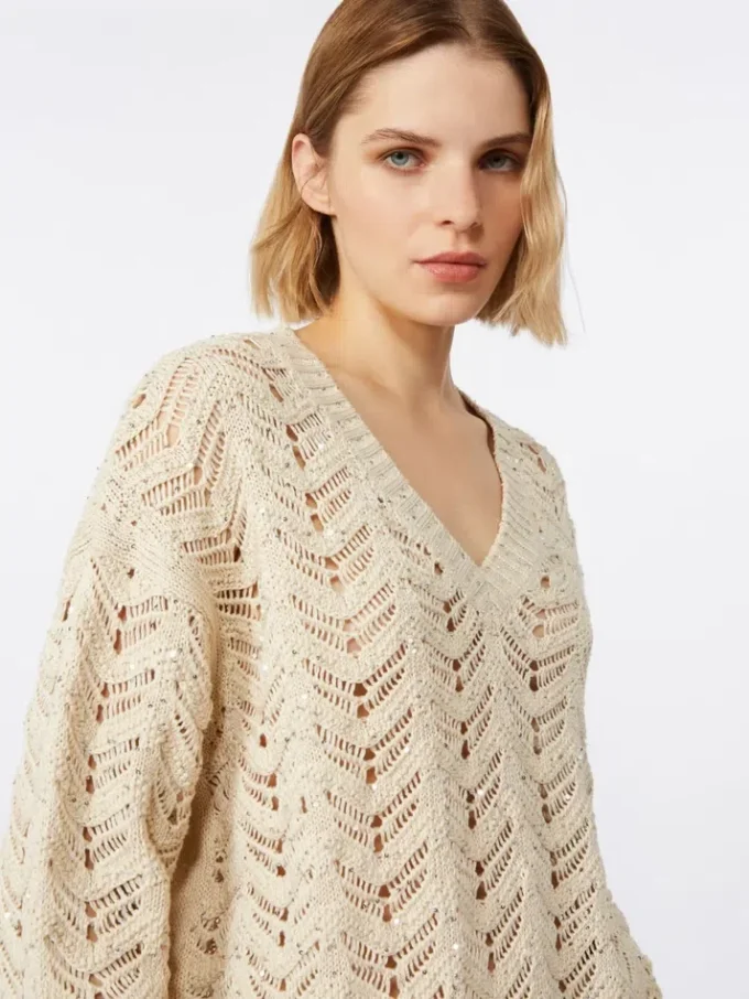 Maglione in filato di cotone e paillettes, beige Maglione in filato di cotone e paillettes, beige