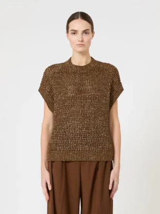 Maglione in maglia a rete di cotone impreziosito da paillettes, color nocciola