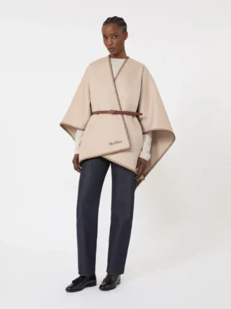 Mantella in lana e cashmere con cintura, color sabbia