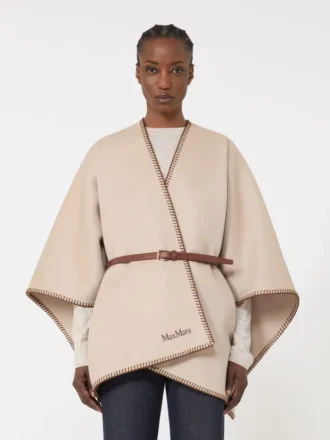 Mantella in lana e cashmere con cintura, color sabbia