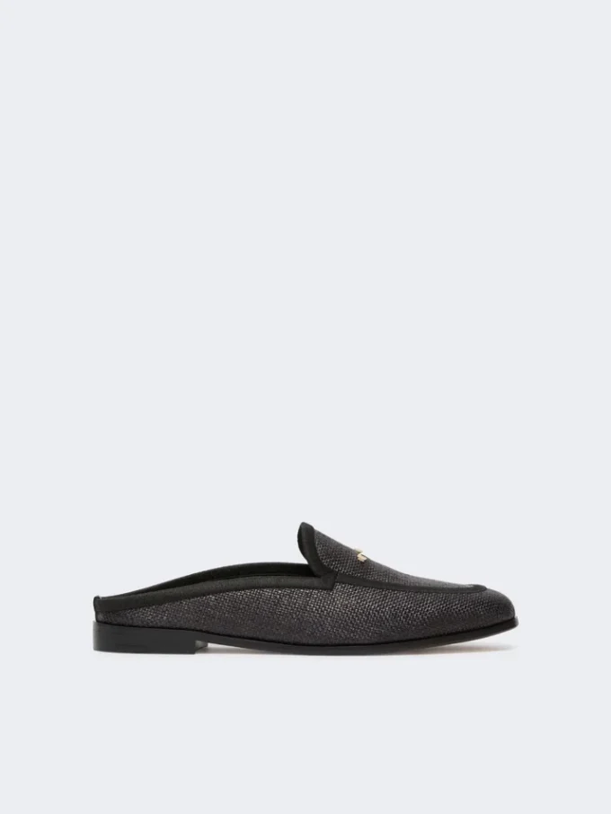 Mules in tela effetto rafia, nero