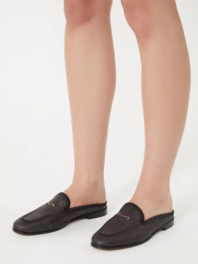 Mules in tela effetto rafia, nero