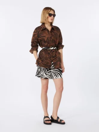 Camicia in cotone e lino stampata, marrone