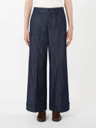 Pantaloni dritti in denim di cotone e lino, blu notte