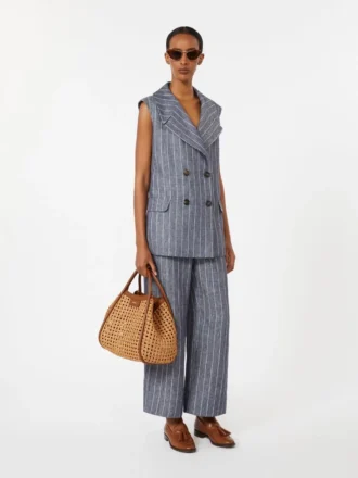 Pantaloni in lino gessato effetto denim, blu oltremare