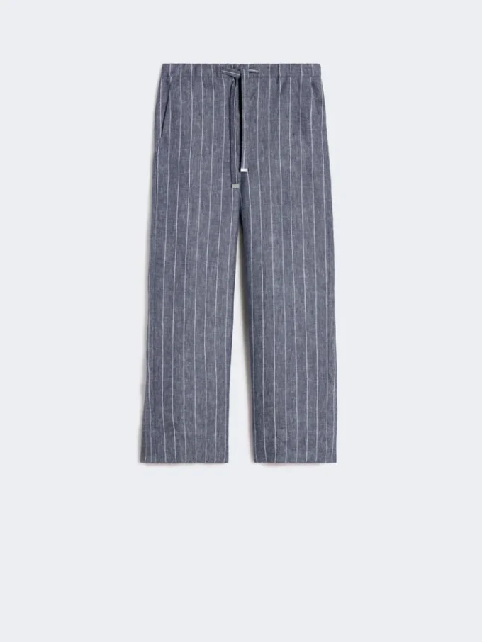 Pantaloni in lino gessato effetto denim, blu oltremare Pantaloni in lino gessato effetto denim, blu oltremare