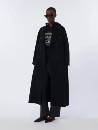 Cappotto lungo in lana con dettaglio di mezza cintura, nero