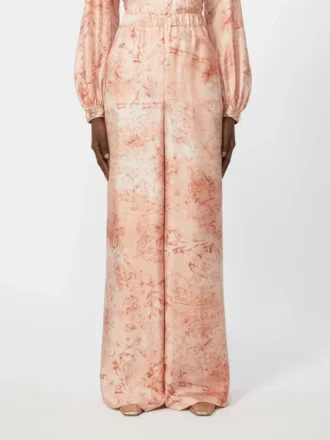 Pantaloni larghi in seta stampata, rosa