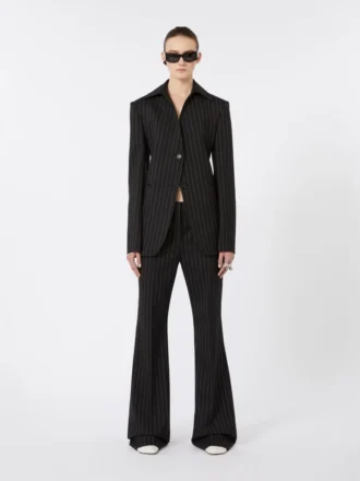 Pantaloni svasati in lana gessata, neri