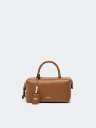 Piccola borsa a bombetta in pelle naturale, marrone ambra