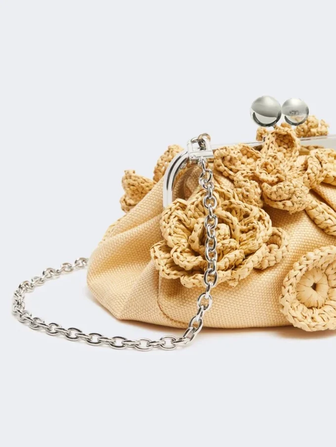 Piccola borsa a forma di pasticcino effetto rafia con fiori, beige Piccola borsa a forma di pasticcino effetto rafia con fiori, beige