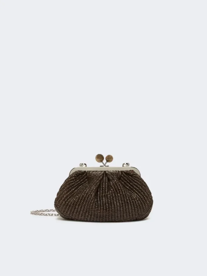 Piccola borsa a forma di pasticcino effetto rafia, marrone scuro