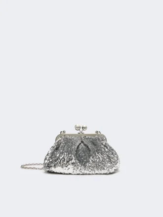 Piccola pochette Pasticcino in raso con paillettes, argento