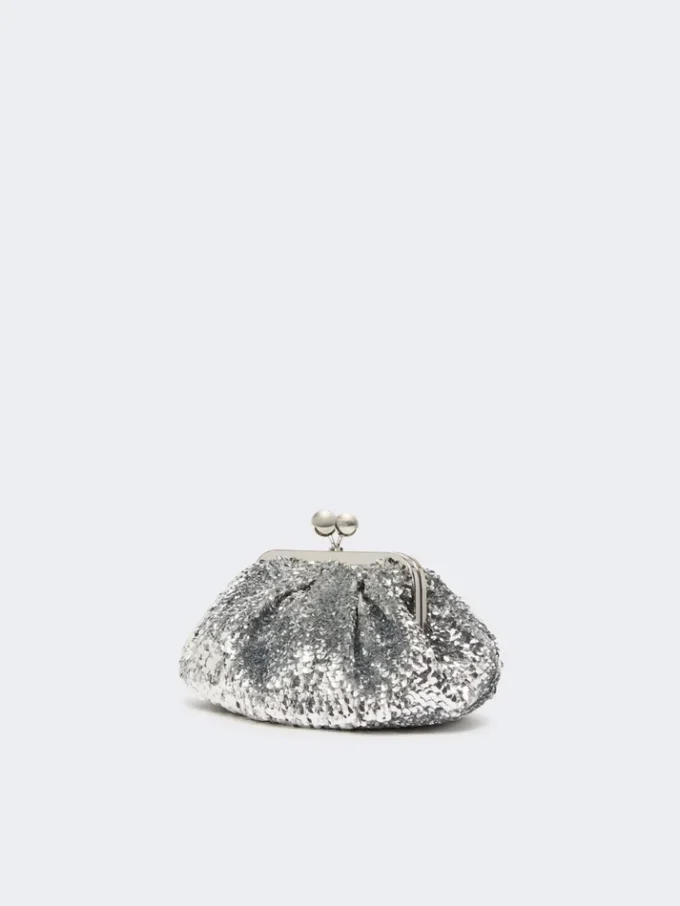 Piccola pochette Pasticcino in raso con paillettes, argento