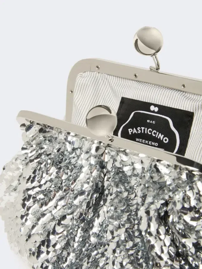 Piccola pochette Pasticcino in raso con paillettes, argento