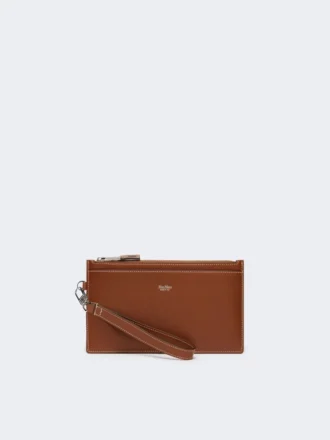 Pochette in pelle con cinturino da polso, marrone ambra