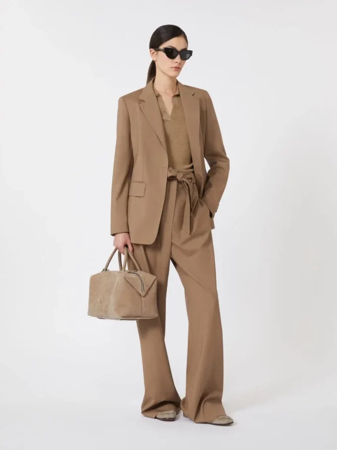 Polo in maglia a coste di lana, beige dorato e marrone