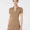 Polo in maglia a coste di lana, beige dorato e marrone