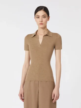 Polo in maglia a coste di lana, beige dorato e marrone