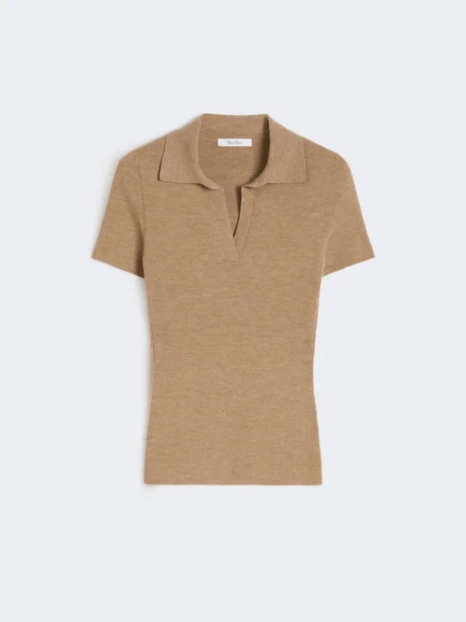Polo in maglia a coste di lana, beige dorato e marrone