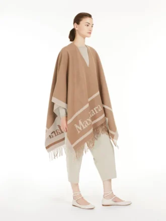 Poncho in lana jacquard, color cammello