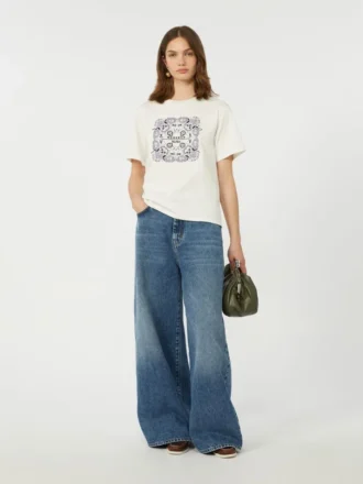 T-shirt in cotone con stampa e ricami, bianca