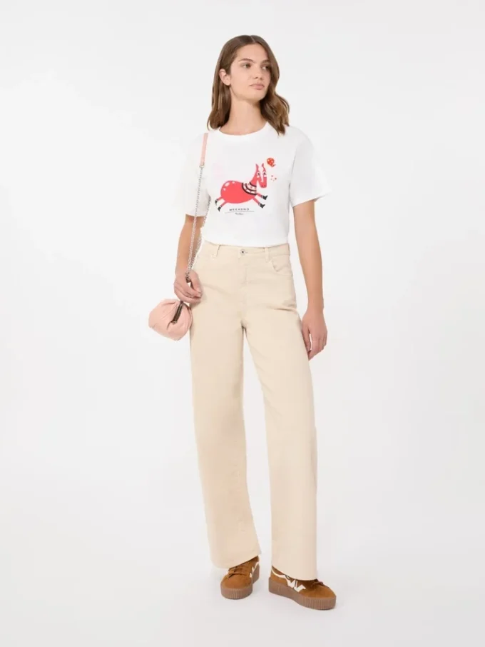 T-shirt in cotone con stampa e ricami, bianca T-shirt in cotone con stampa e ricami, bianca