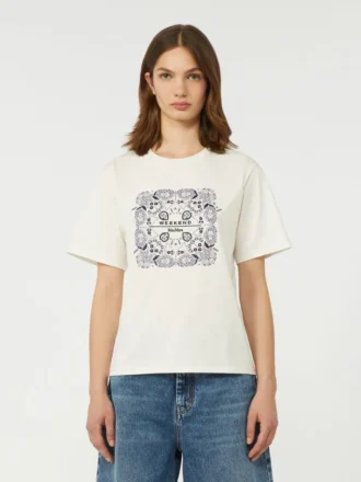 T-shirt in cotone con stampa e ricami, bianca