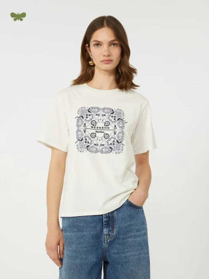 T-shirt in cotone con stampa e ricami, bianca T-shirt in cotone con stampa e ricami, bianca