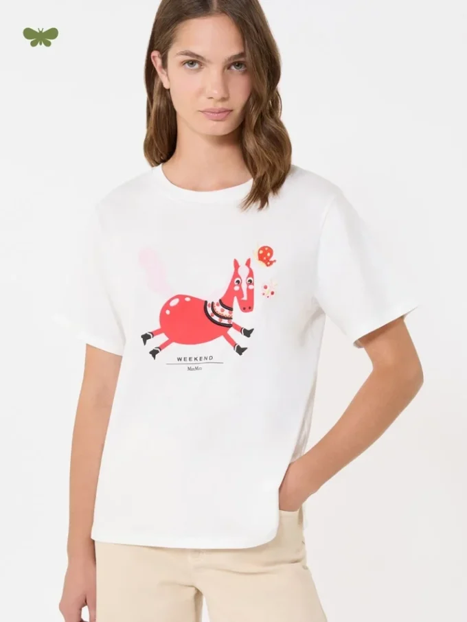 T-shirt in cotone con stampa e ricami, bianca T-shirt in cotone con stampa e ricami, bianca