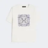 T-shirt in cotone con stampa e ricami, bianca T-shirt in cotone con stampa e ricami, bianca
