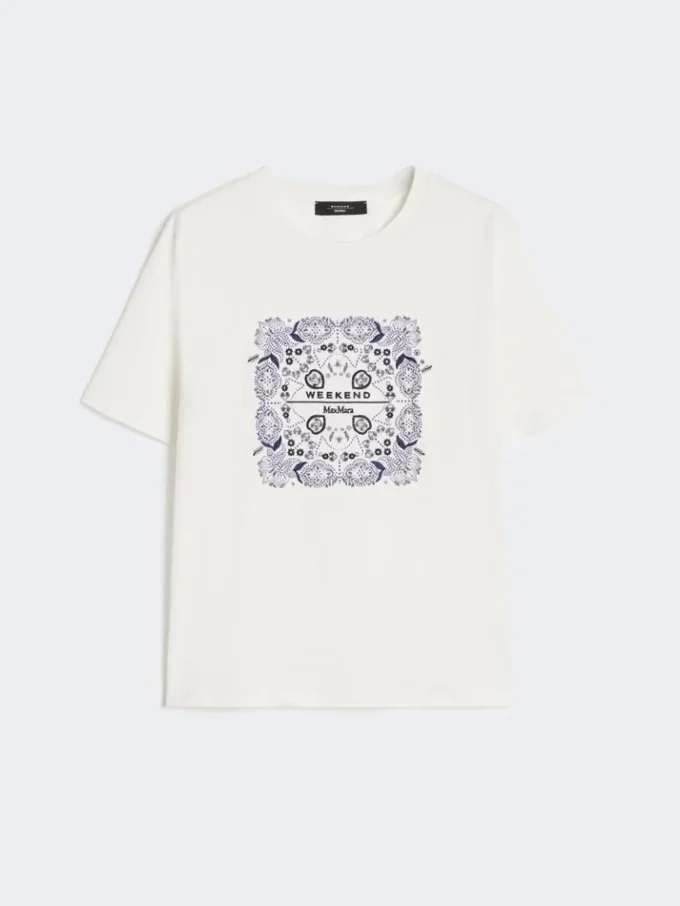 T-shirt in cotone con stampa e ricami, bianca T-shirt in cotone con stampa e ricami, bianca