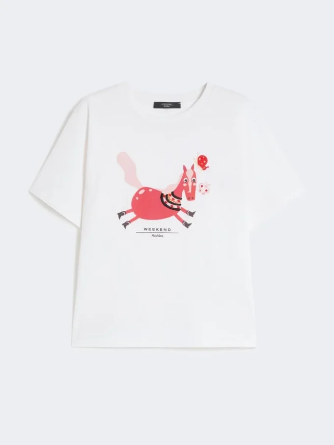 T-shirt in cotone con stampa e ricami, bianca T-shirt in cotone con stampa e ricami, bianca