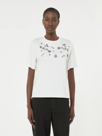 T-shirt in jersey con stampa e ricami, bianca