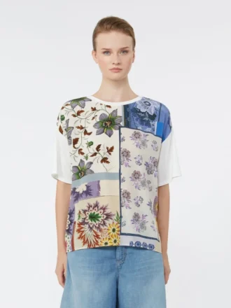 T-shirt in jersey di cotone elasticizzato e seta stampata, multicolore