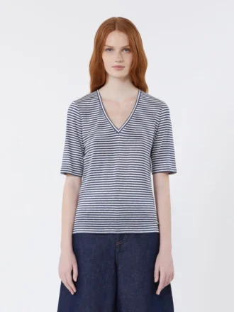 T-shirt in jersey di lino elasticizzato con scollo a V, blu oltremare T-shirt in jersey di lino elasticizzato con scollo a V, blu oltremare