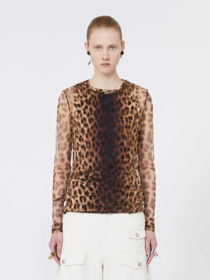 Top bimateriale con stampa animalier, sfumature beige Top bimateriale con stampa animalier, sfumature beige