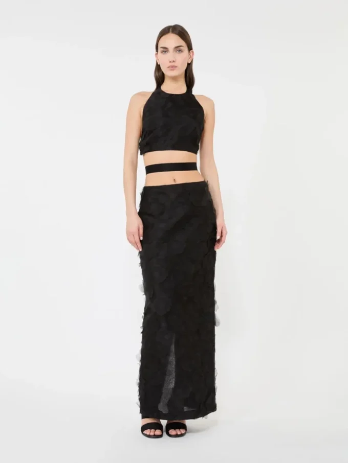 Gonna midi in jacquard di seta, nera