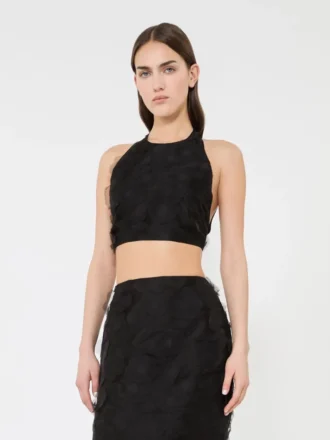 Top corto in jacquard di seta fil coupa, nero