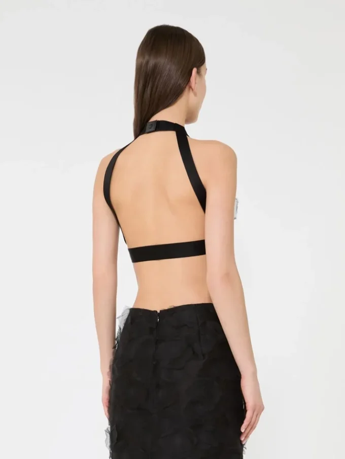 Top corto in jacquard di seta fil coupa, nero