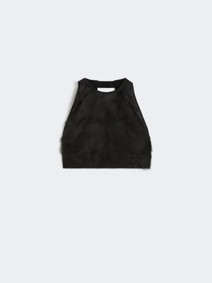 Top corto in jacquard di seta fil coupa, nero