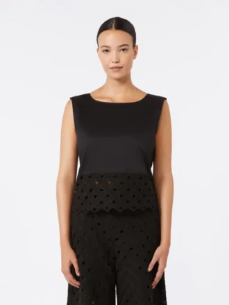 Top in popeline e pizzo macramè, nero