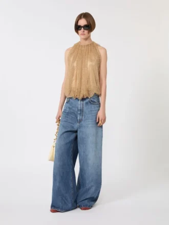 Top in rete con cristalli, color cammello