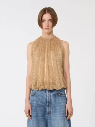 Top in rete con cristalli, color cammello