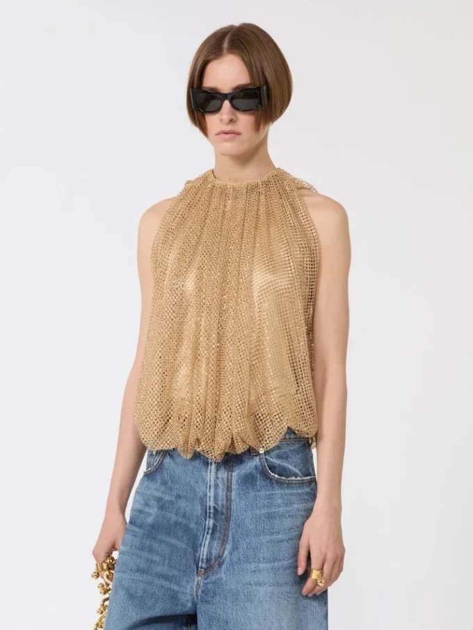 Top in rete con cristalli, color cammello Top in rete con cristalli, color cammello