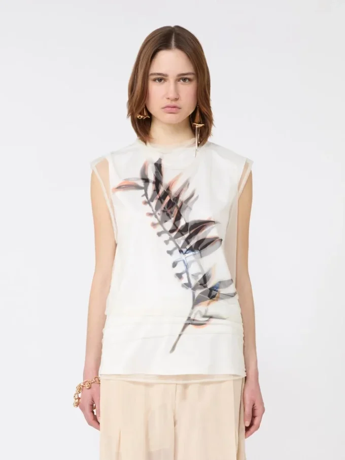 Top senza maniche a doppio strato in raso e tulle, bianco Top senza maniche a doppio strato in raso e tulle, bianco