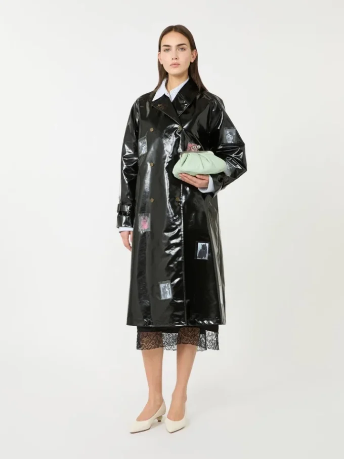 Trench midi in gabardine effetto vinile, nero Trench midi in gabardine effetto vinile, nero