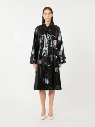 Trench midi in gabardine effetto vinile, nero