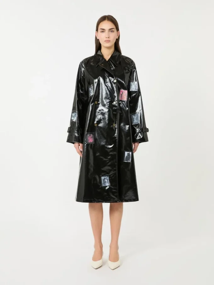 Trench midi in gabardine effetto vinile, nero Trench midi in gabardine effetto vinile, nero